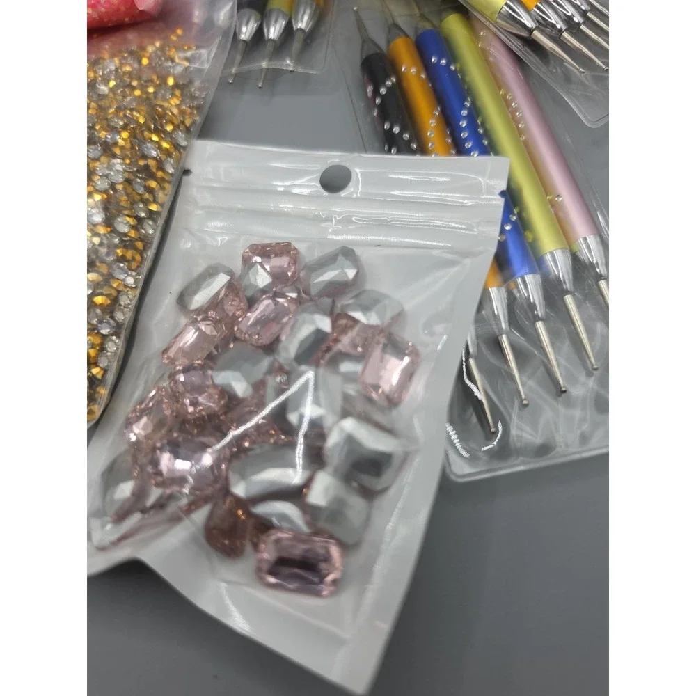 Rhinestone Gem Craft Kit Dotting Tools Pink Gold Crystals Nail Art DIY Bling